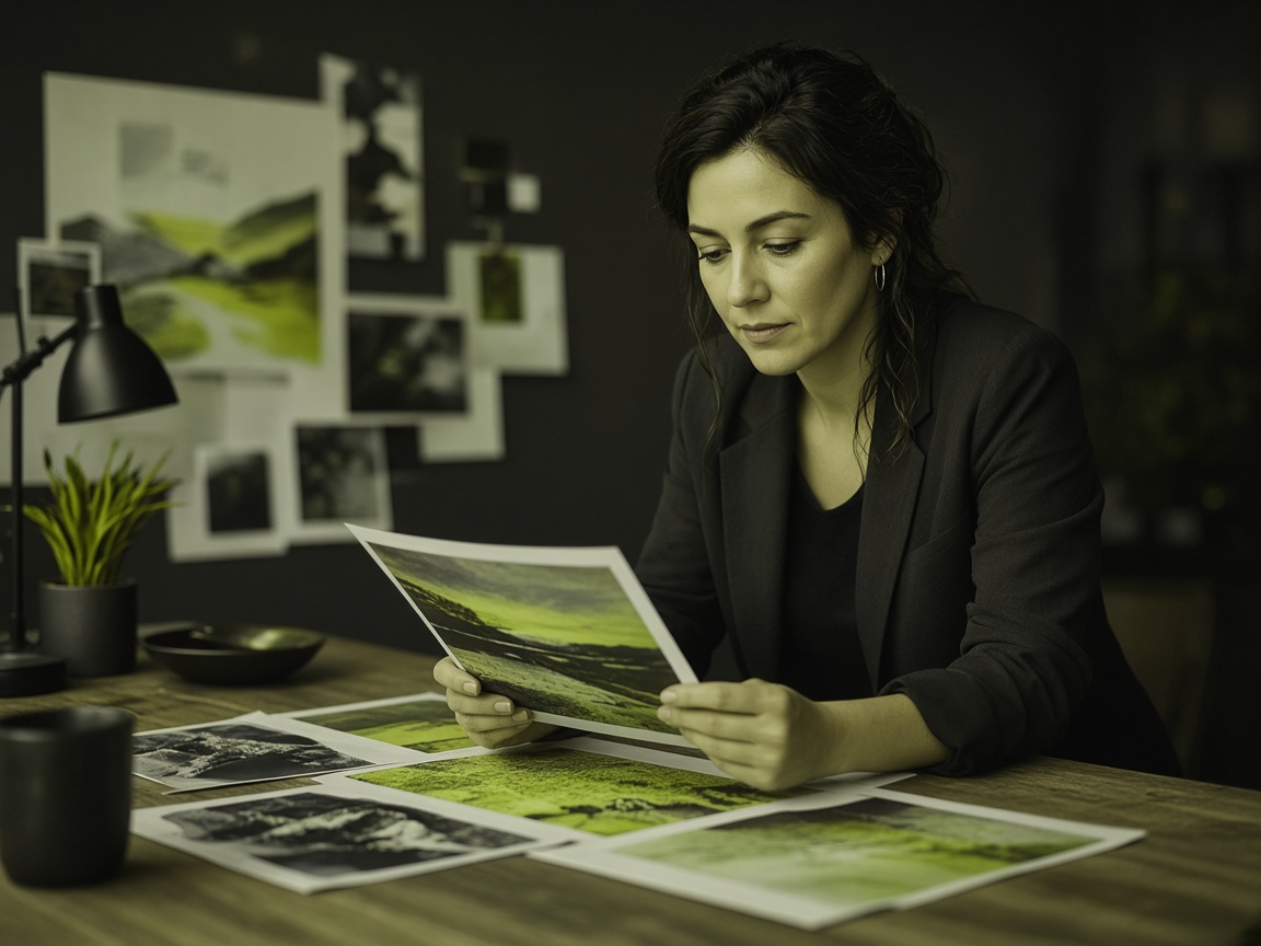Jessica reviewing work at the studio desk